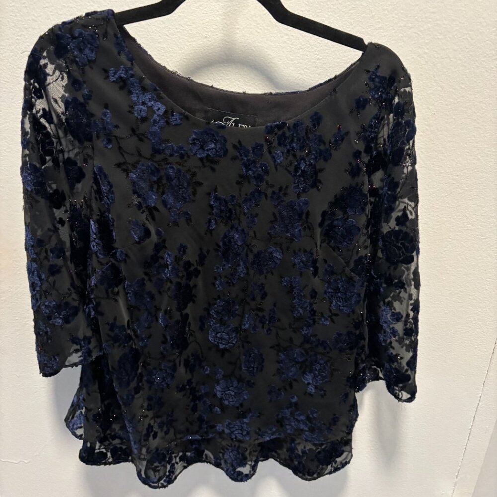 Alex Evenings Burnout Floral Black Sparkle /Navy Chiffon Blouse Size Medium